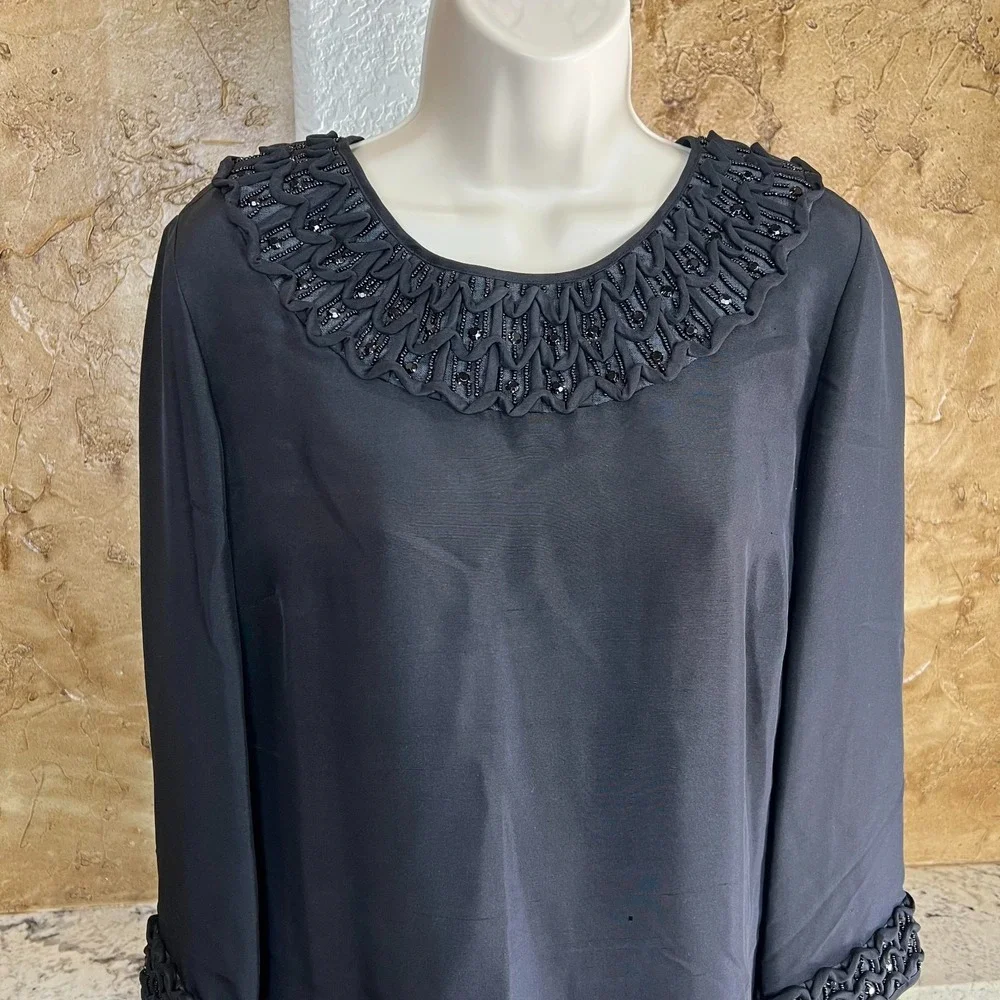 Tory Burch Shift Dress Womens 8 Black‎ 100% Silk Beaded Trim Cocktail 3/4 Sleeve